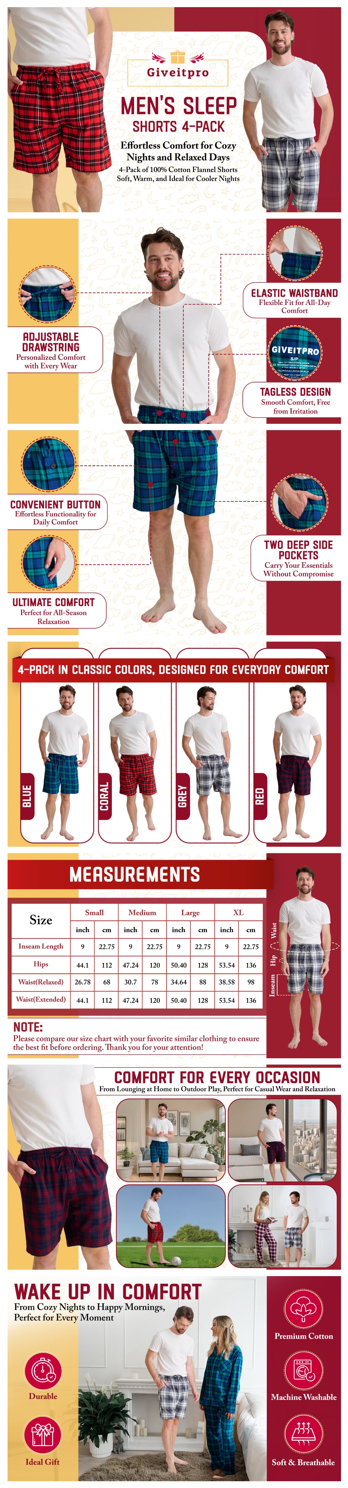 4 Saver Pack – Premium 100% Cotton Flannel Button Fly Pajama Sleep Shorts - Yarn-dye Woven