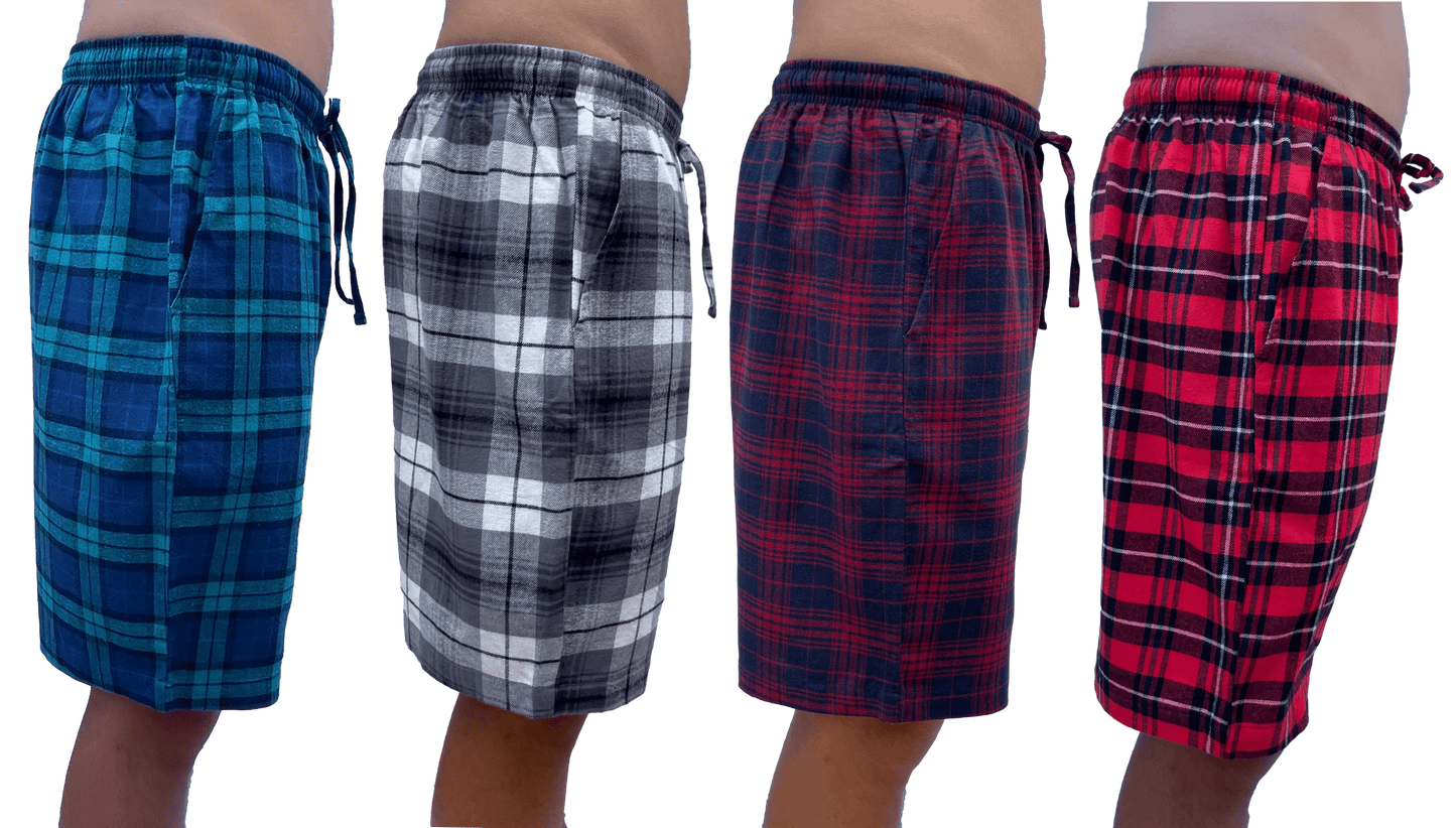 4 Saver Pack – Premium 100% Cotton Flannel Button Fly Pajama Sleep Shorts - Yarn-dye Woven