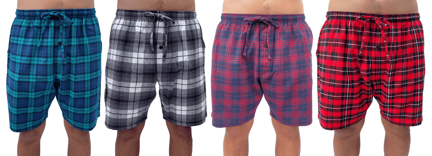4 Saver Pack – Premium 100% Cotton Flannel Button Fly Pajama Sleep Shorts - Yarn-dye Woven
