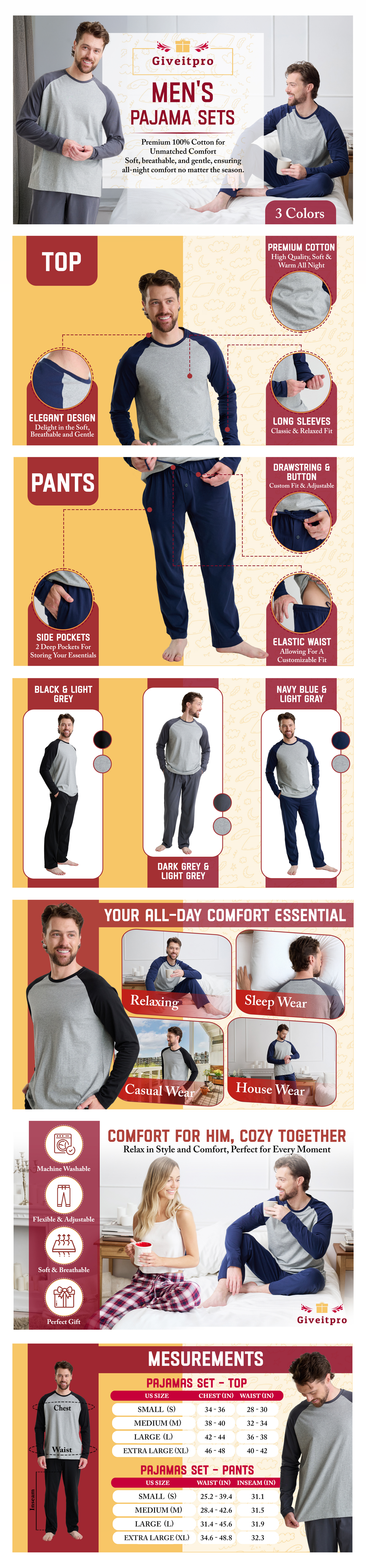 Ensemble pyjama haut et bas à manches longues pour homme 100 % coton de qualité supérieure GIVEITPRO