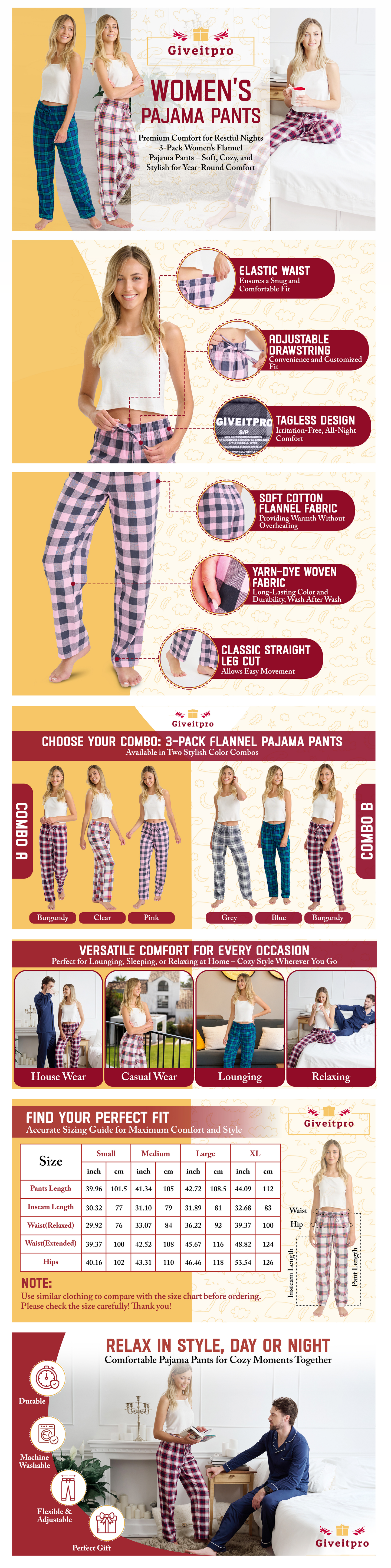 GIVEITPRO Lot de 3 – Pantalon de pyjama en flanelle pour femme – Tissage teint en fil 100 % coton de qualité supérieure