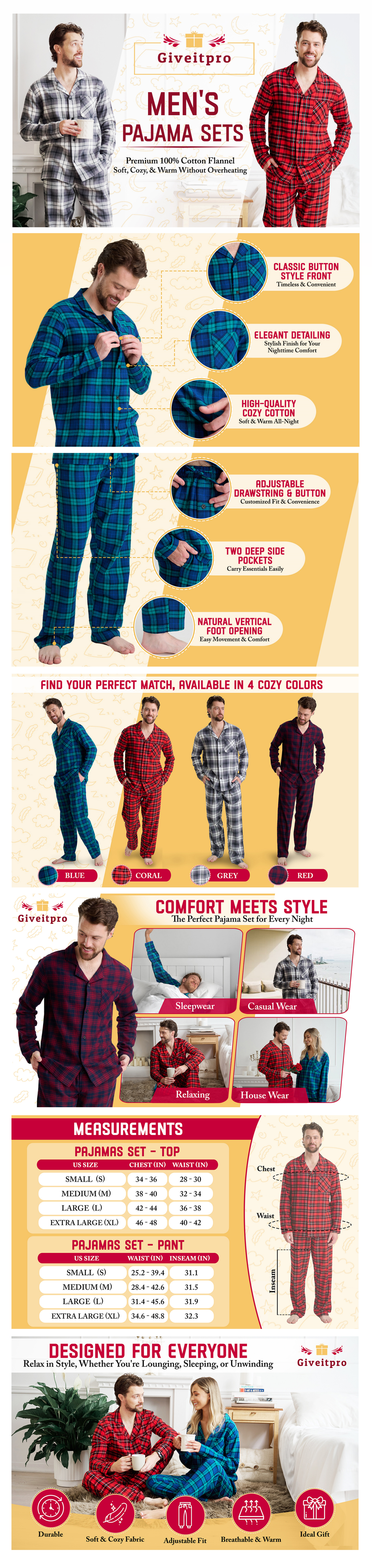 100% Premium Cotton Flannel Men's Long Button-Down Sleepwear Pajama Set