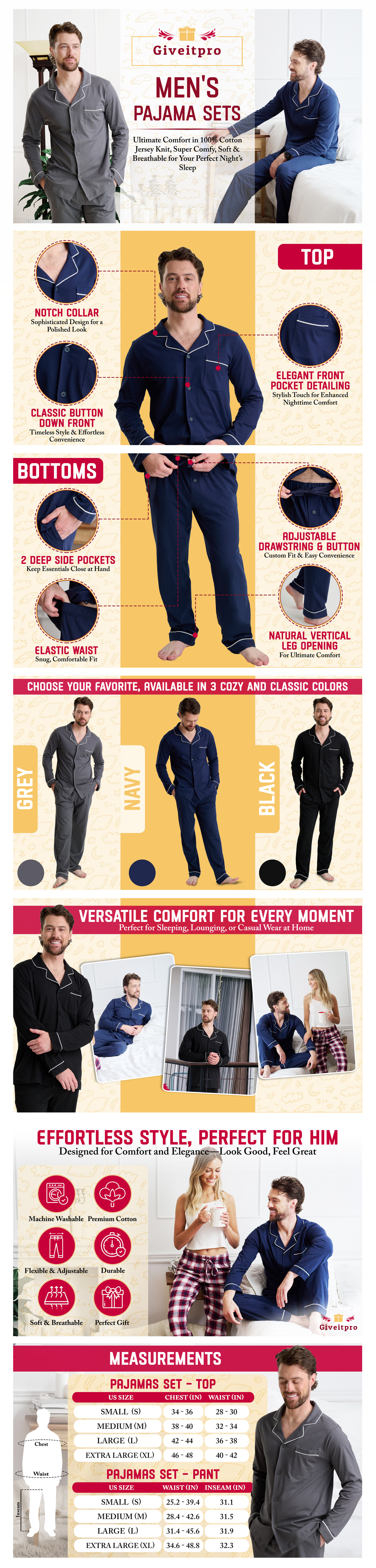 Ensemble de pyjama à manches longues et boutons pour homme en jersey de coton 100 % de qualité supérieure GIVEITPRO